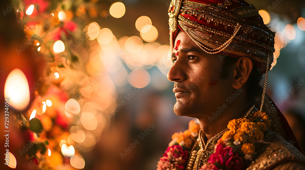 The groom, adhering to traditional customs, wears customary attire during the proceedings of the wedding ceremony. Generative AI