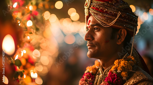 The groom, adhering to traditional customs, wears customary attire during the proceedings of the wedding ceremony. Generative AI