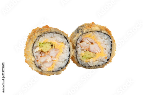 Sushi roll on a white background with Philadelphia cheese and salmon breaded with dried tuna.