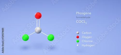 phosgene molecule, molecular structures, industrial building block, 3d model, Structural Chemical Formula and Atoms with Color Coding photo