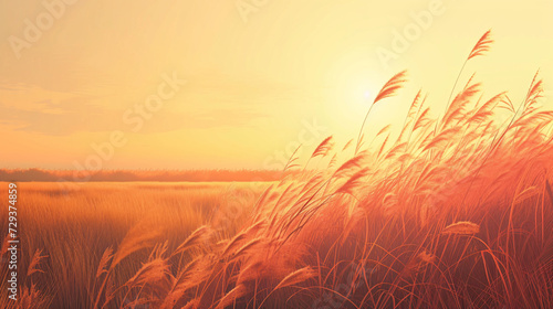 A field of tall grass blowing in the wind at sunset. © RiskiDwi