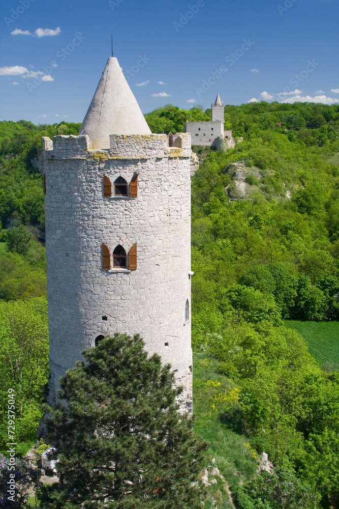 Burg Saaleck mit Rudelsburg dahinter, Saaleck, Bad Kösen, Saale, Sachsen-Anhalt, Deutschland, Europa
