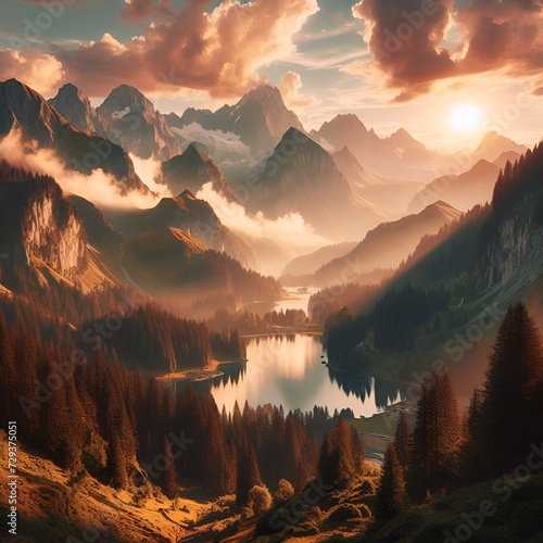 Fantasy Landscape Game Art. Beautiful landscape with mountains and lake, sunset panorama in the mountains