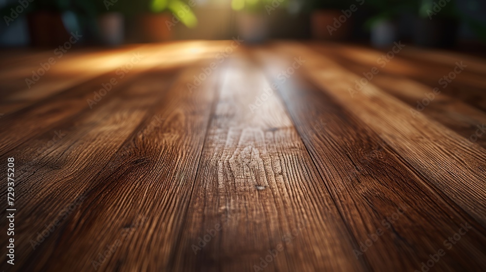 Exquisite wooden table surface glowing with the warmth of natural light - obrazy, fototapety, plakaty 