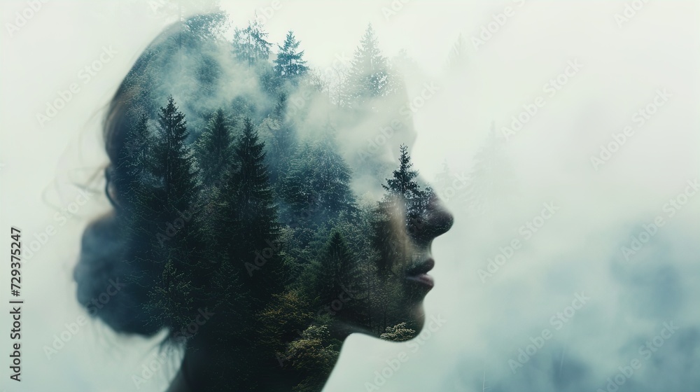 Mindful Fusion: Woman merges with nature in stunning double exposure. Explore the wilderness within. Unlock your inner green paradise. - obrazy, fototapety, plakaty 