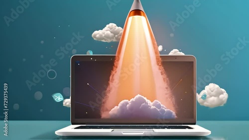 A bright blue rocket taking off from a laptop monitor, leaving thick clouds of smoke underneath. Generative AI - 50 keywords photo