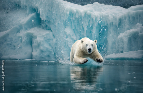 Un ours polaire qui court dans l'eau avec des blocs de glace - generative AI photo