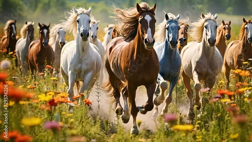 A herd of wild horses gallops across a field of flowers, their manes fluttering in the wind. Generative AI
