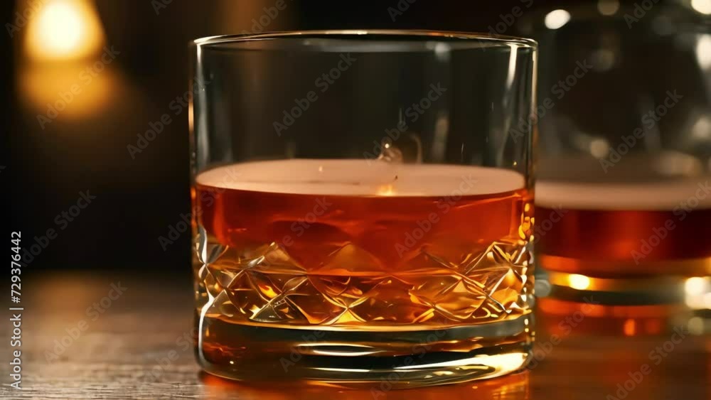A glass of aged whiskey in which an ice cube melts quickly. Generative AI A glass of aged whiskey in which an ice cube melts quickly. Generative AI