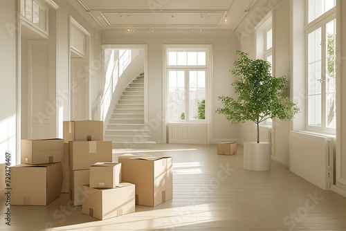 Brightly lit empty room with carefully placed moving boxes, ensuring a smooth and efficient moving experience © Irfanan