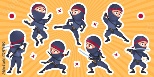 The collection of stickers with ninja cartoon personage in various poses. Stylized character with fighting actions. The cute child shinobi or assassin warrior, 3d render