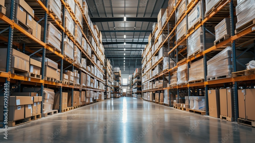 Efficient storage room with a vibrant atmosphere, highlighted by a pallet of boxes, tall shelves, and a well-placed trolley for added functionality