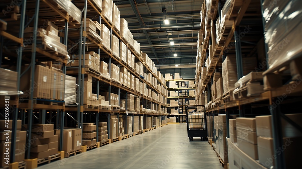 Fototapeta premium Well-lit storage area with carefully arranged boxes on a pallet, tall shelves, and a showcased trolley for a functional and visually appealing storage setup