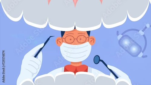 A cartoon dentist in a mask, exploring a patient's open mouth