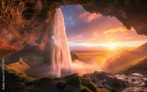 waterfall coming through a cave in iceland