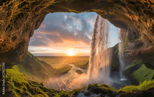 waterfall coming through a cave in iceland © lc design