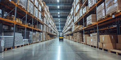 Effervescent warehouse scene with bright lighting, a pallet of boxes, tall shelves, and a showcased trolley, transforming into a captivating and dynamic centerpiece