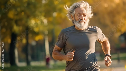 An adult man in the park on a morning jog proves to others that sports at any age are only beneficial. Generative AI photo
