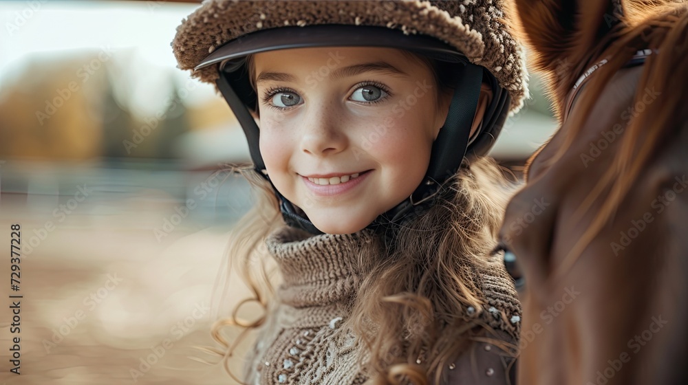 Joyful Equitation Lesson: Girl Kid Riding Horse, Wearing Riding Helmet
Joyful Equitation Lesson: Girl Kid Riding Horse, Wearing Riding Helmet