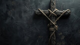 old wooden cross and rope on black background with copy space for Good Friday - AI Generated