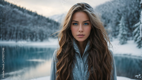 portrait of a beautiful woman in a cold and stunning winter landscape