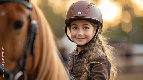 Joyful Equitation Lesson: Girl Kid Riding Horse, Wearing Riding Helmet 
