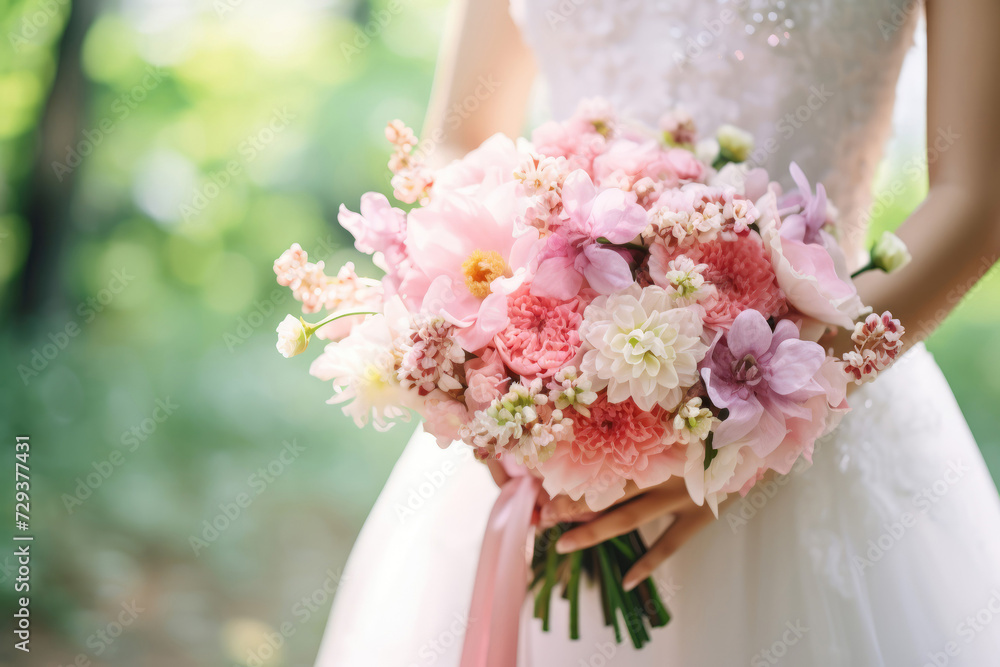 Bride with Bouquet of White and Pink Flowers. Generative AI