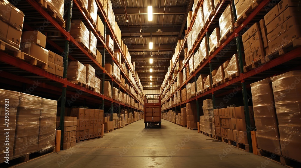 In the bright ambiance of the warehouse, a pallet of boxes and tall shelves serve as the backdrop, contributing to a well-lit and orderly storage space