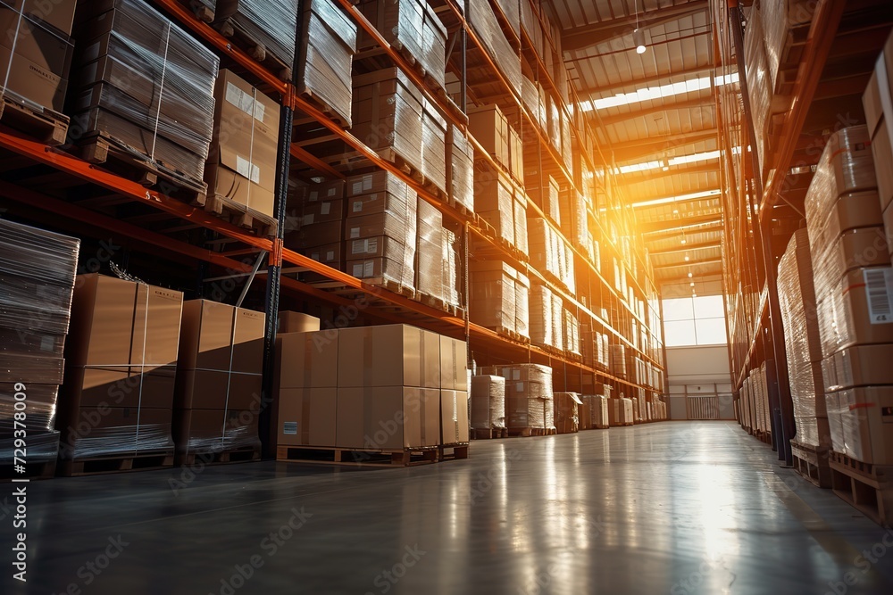 The warehouse undergoes a transformation into a bustling logistics hub, where brightly lit tall shelves and a pallet of boxes demonstrate a commitment to efficiency and order in storage management