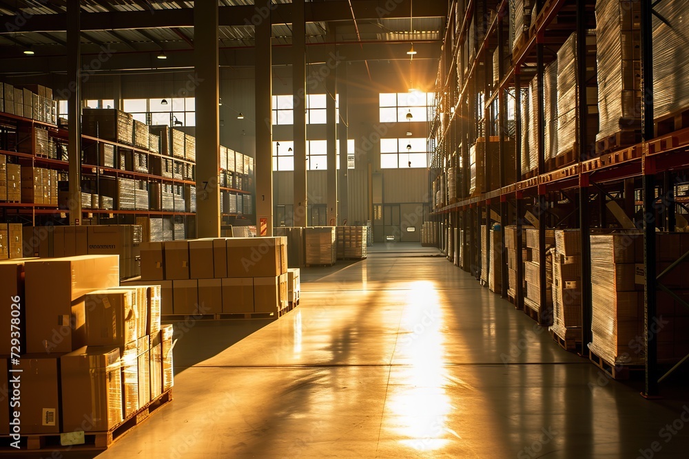 In a dynamic shift, the warehouse evolves into a logistics hub with brightly lit tall shelves and a pallet of boxes, symbolizing streamlined efficiency in storage operations