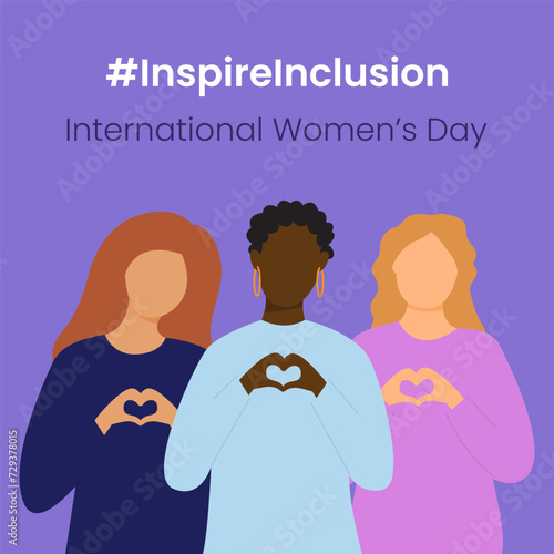 Inspire Inclusion slogan International Women's Day 8 march 2024. Iwd world campaign. Vector women's characters on violet background.