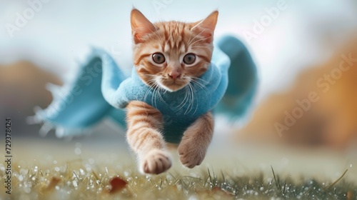 Superhero Cat: Cute Orange Tabby Kitty with Blue Cloak and Mask Jumping and Flying on Light Blue Background

 photo