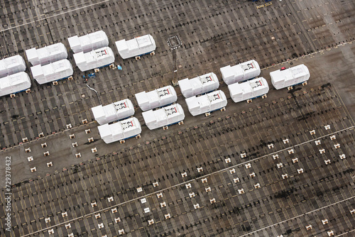 aerial view of wind energy turbines ready to be shipped photo