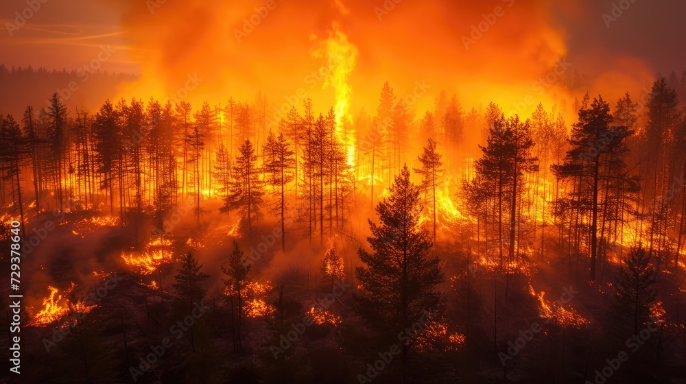 Wildfire Engulfs Pine Forest: Smoke and Flames Consume the Landscape
