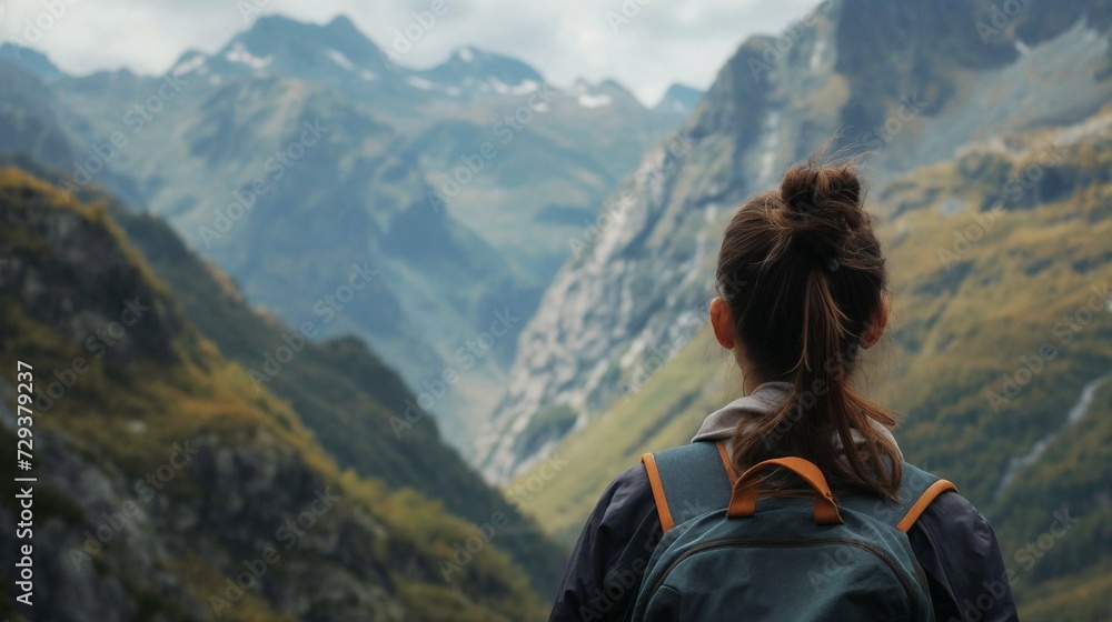 Exploration and Wonder: Woman Gazing at Vast Mountain Range, Embracing the Grandeur of Nature