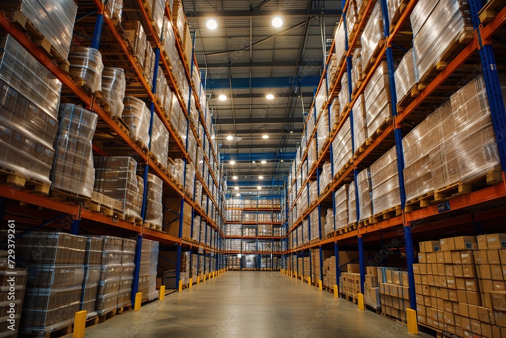 Bright illumination defines the scene in the large warehouse, presenting a welcoming atmosphere with a prominently displayed pallet of neatly stacked boxes for a well-organized storage setting