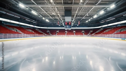 A professional hockey field, an ice arena illuminated by bright spotlights. Generative AI photo