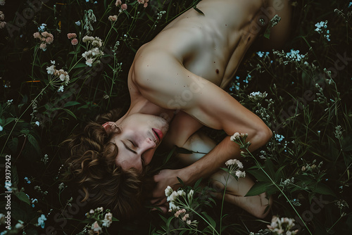 Jeune homme nu allongé dans les fleurs photo