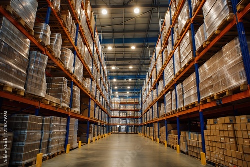 Bright illumination defines the scene in the large warehouse, presenting a welcoming atmosphere with a prominently displayed pallet of neatly stacked boxes for a well-organized storage setting © Irfanan