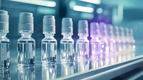 A large production of a pharmaceutical company, a conveyor belt on which small transparent bottles with medicines and vaccines move. Generative AI