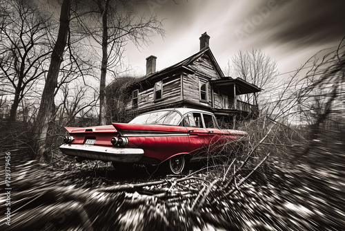 Voiture américaine rouge devant une maison en bois photo