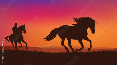 cowboy rider chasing mustang horse in the prairie - romantic wild west sunset landscape scene vector silhouette design