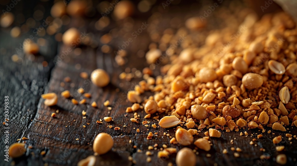 Scattered raw peanuts captured in a warm glow, ready for culinary adventures - obrazy, fototapety, plakaty 