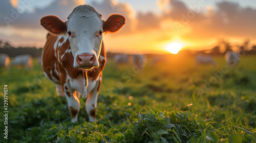 a domestic cow grazing in a field photo