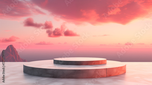 Stone Sky Clouds Sunset Horizon Evening Twilight Granite Marble Rock Platform Colorful Atmosphere Sundown Background Isolated Empty Blank Plate Podium Pedestral Table Stand Mockup Product Display Rose © ARTwithPIXELS