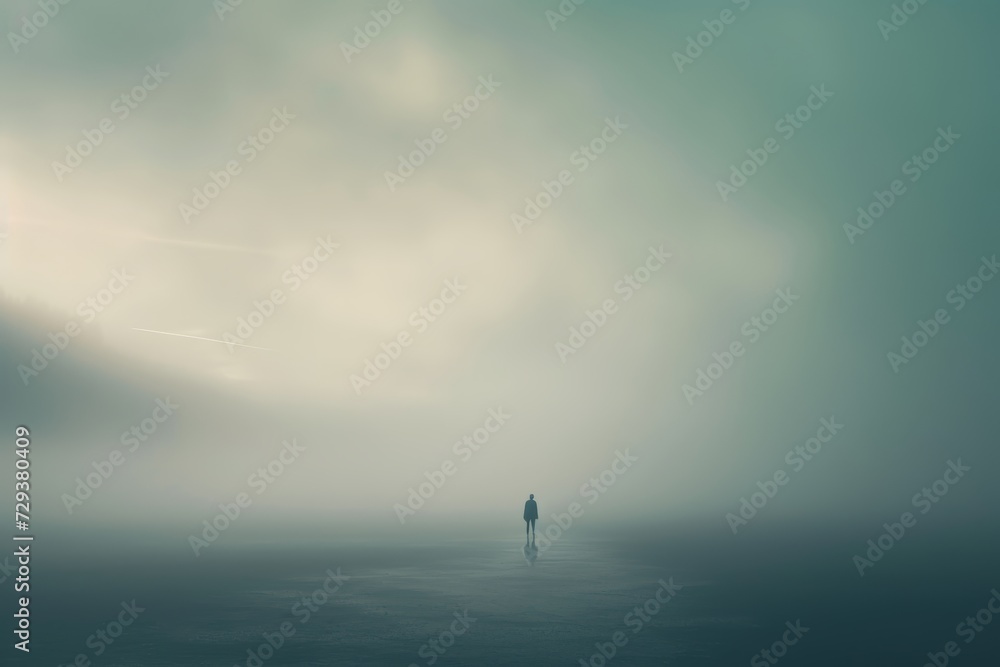 a person walking into the mist alone, a fleeting moment in a traveler’s journey, a surreal landscape, bathed in soft, ethereal light.
