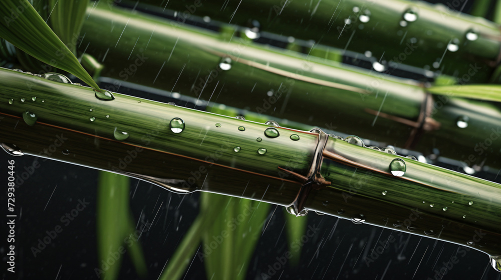 close-up images of raindrops clinging to the smooth bamboo stalks