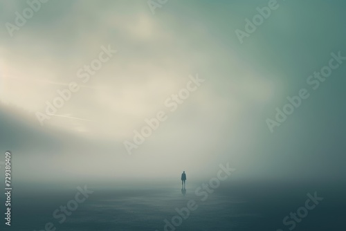 a person walking into the mist alone, a fleeting moment in a traveler’s journey, a surreal landscape, bathed in soft, ethereal light. © ARTIFICIAN