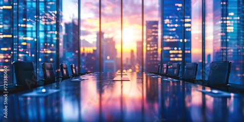 Experience luxury in a defocused boardroom within a modern office, featuring tall windows offering a brilliant view of downtown skyscrapers