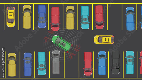 top view flat cartoon of car vehicle with autonomous sensor safety sensing in parking lot spot